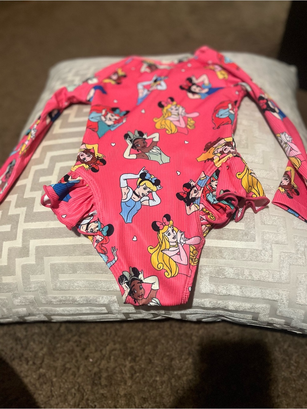 Disney Pink Princess Print Long-Sleeve One-Piece Swimsuit for Kids